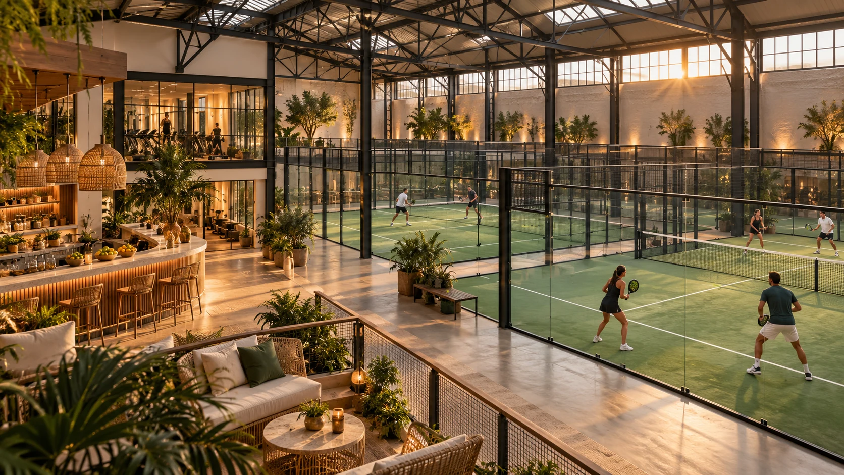 Indoor Regent Padel club design concept with padel courts and a warm clubhouse