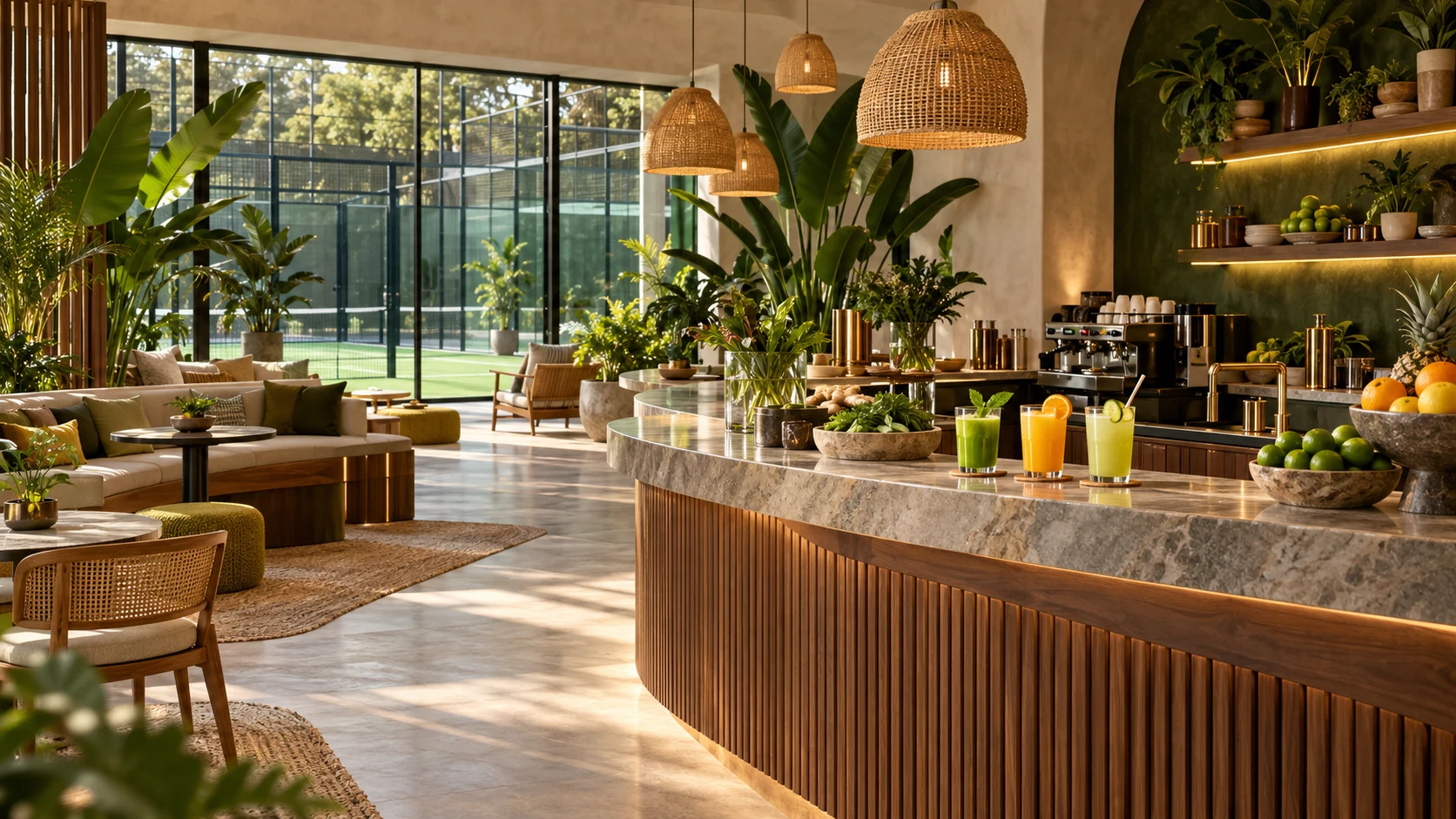Bali-inspired Longevity Bar concept with warm timber, greenery and fresh juices